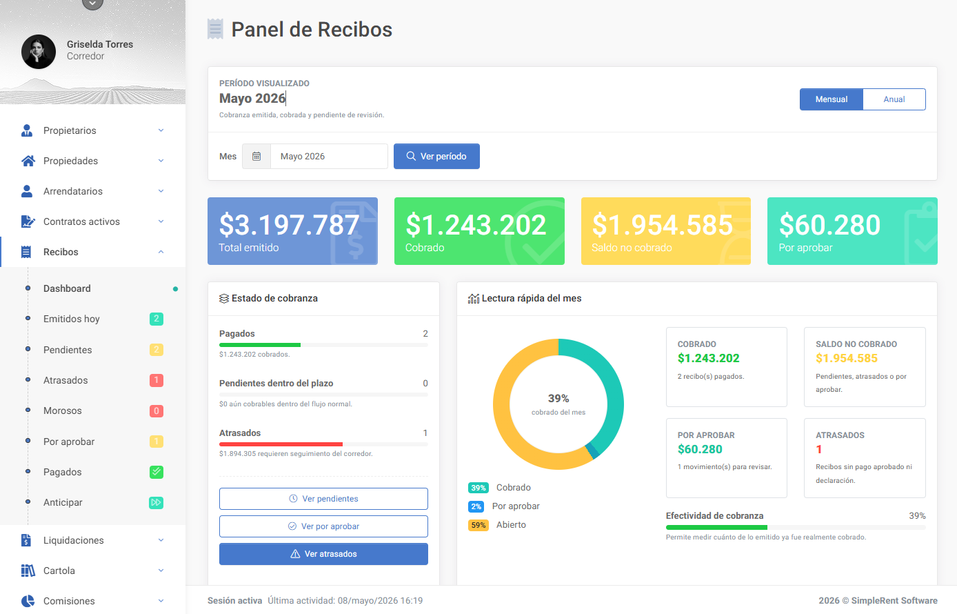 Recibos y cobranza mensual en SimpleRent